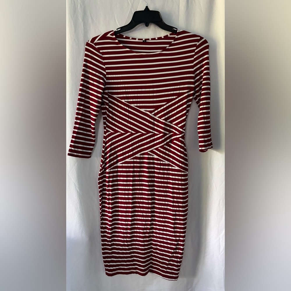 Burgundy White Striped Bodycon Sheath Dress 3/4 Sleeve Criss Cross Waist Medium